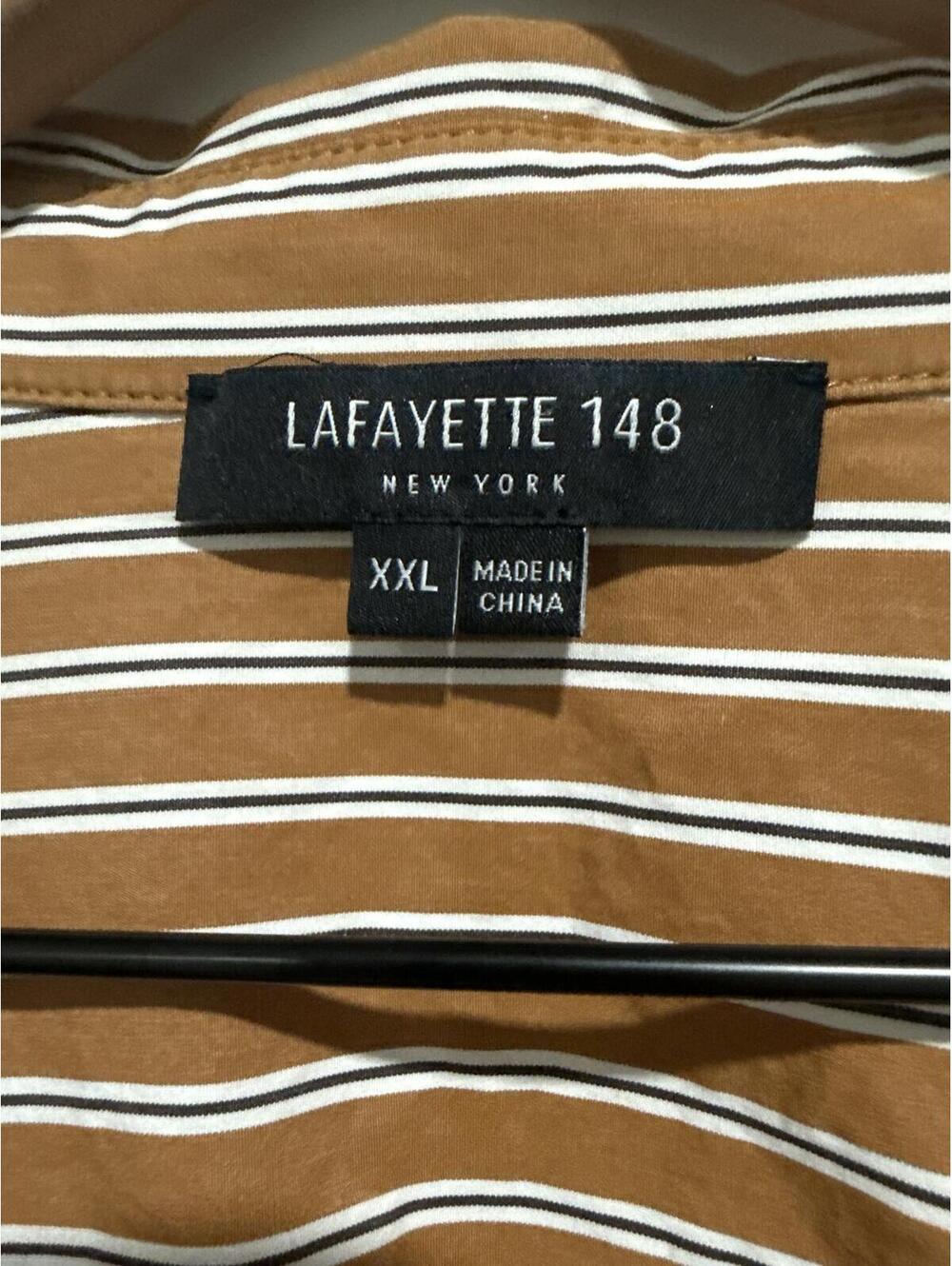 Lafayette 148 New York Brown, White & Black Striped Cotton Collared V-Neck Shirt - Picture 2 of 5